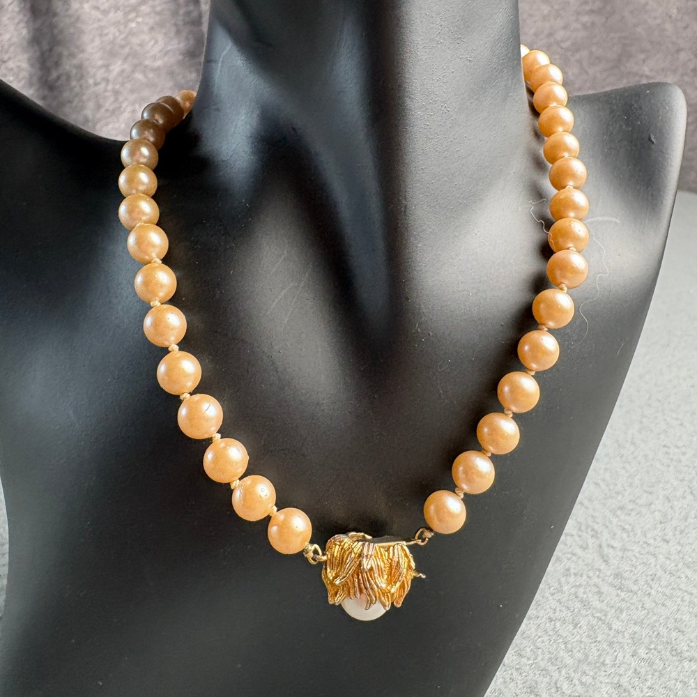 Vintage Champagne Faux Pearl Knotted Necklace Gold Tone Ornate Pearl Box Clasp